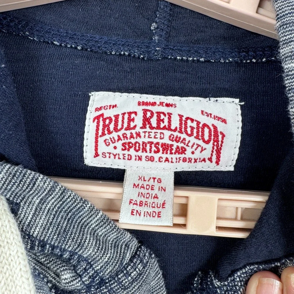 True Religion Hooded‎ Henley Sweatshirt Men's XL Blue Long Sleeve Pullover Logo